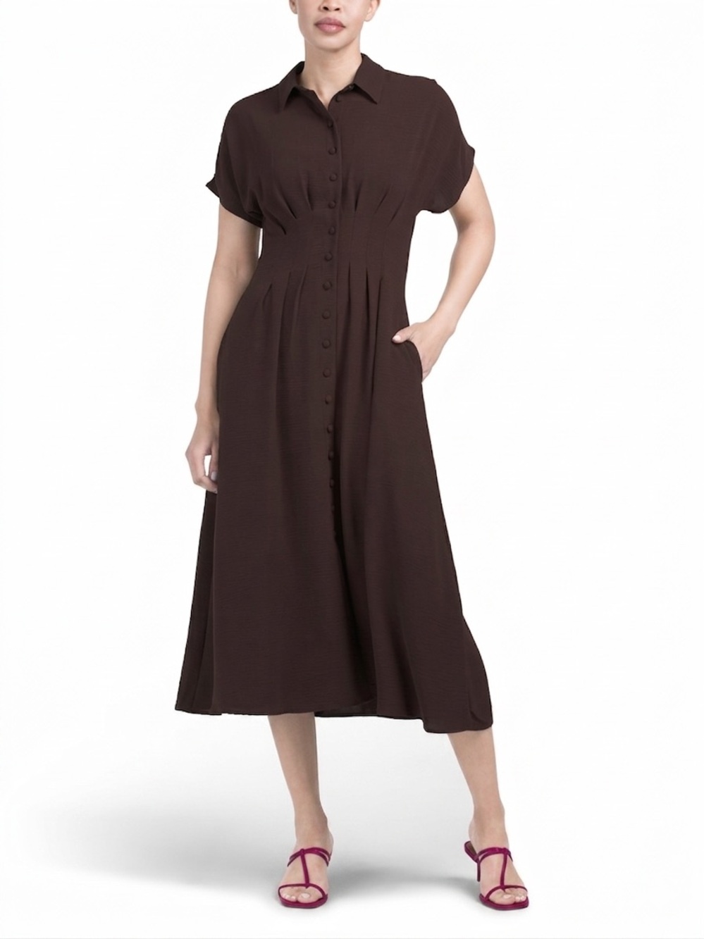 TAHARI ASL Brown Button-Front Midi Shirt Dress